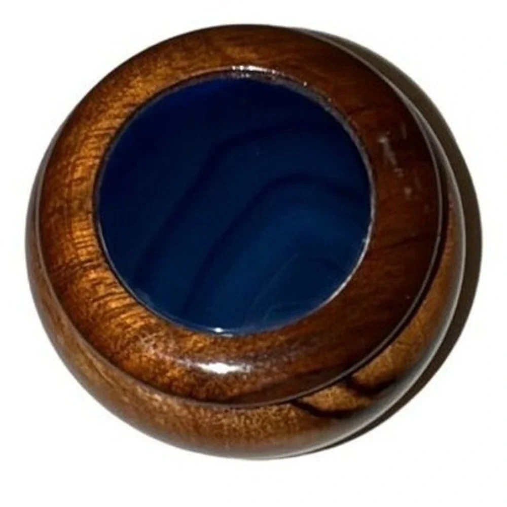 Hand‎ Carved Wooden Trinket Box With Blue Inlay Lid